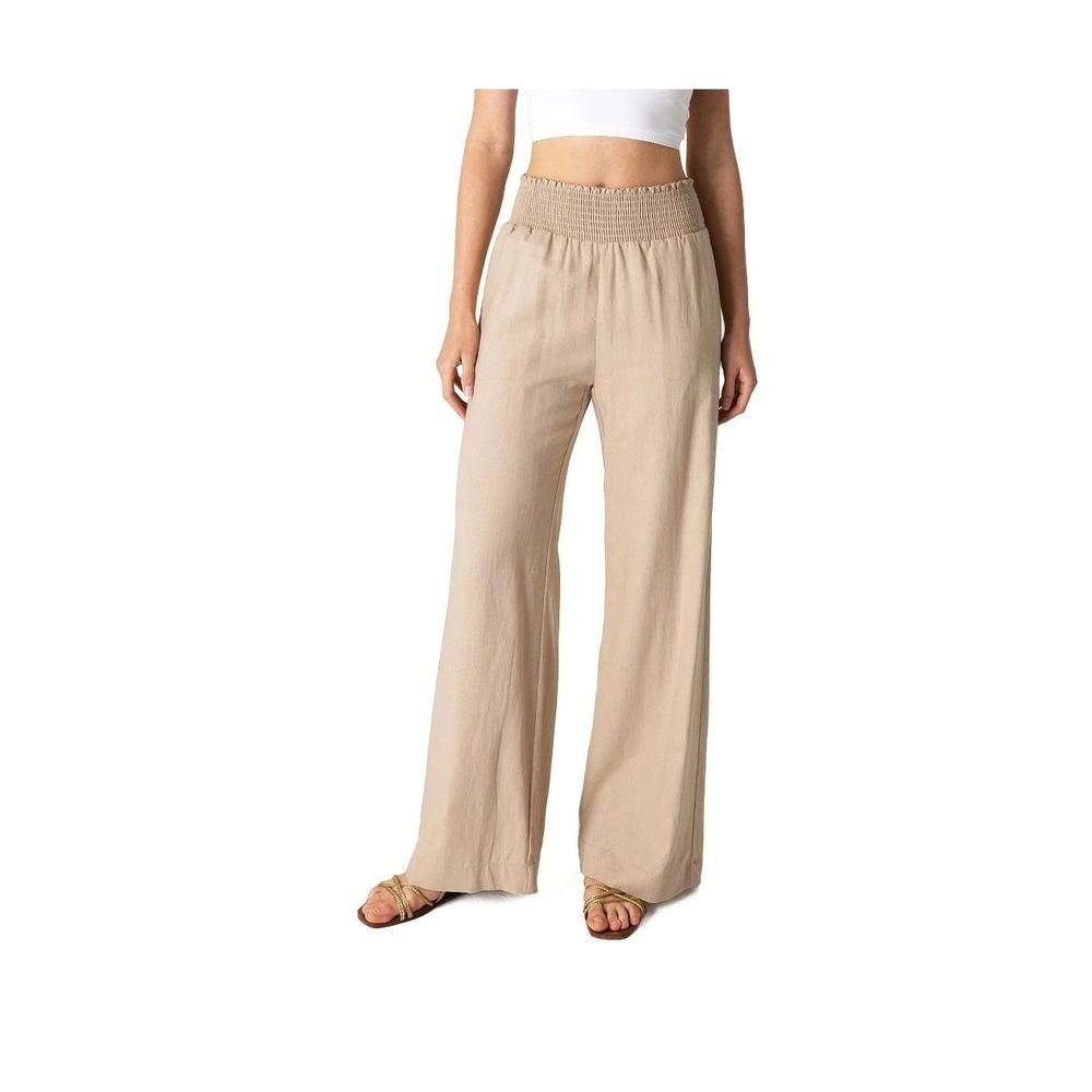 Khaki Linen Blend Wide Leg Beachy Boho Pants Sz M Medium Elastic Waist Pull On